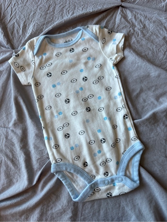 child of mine Other - child of mine White Bodysuit with Light Blue Trim and Black Sports Print